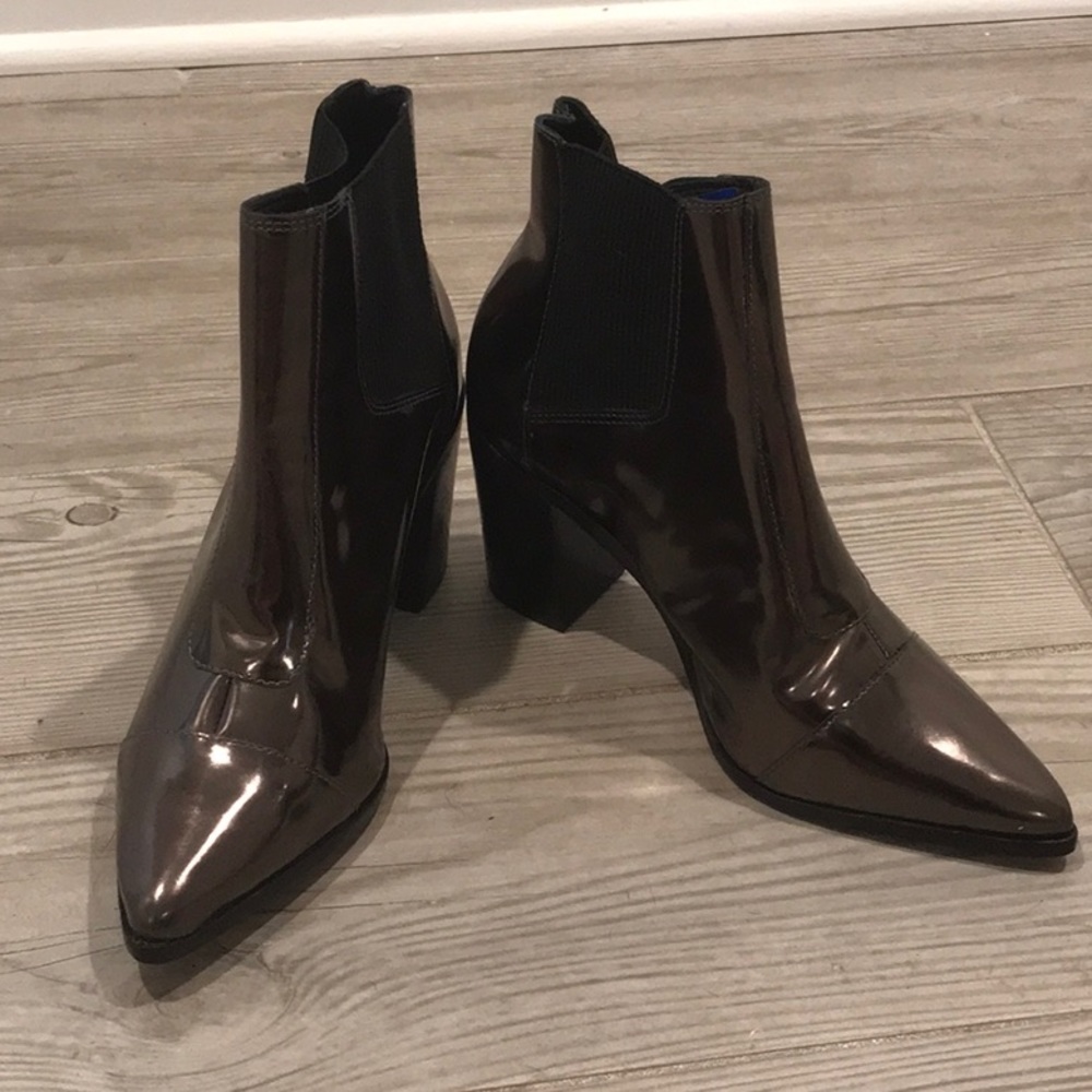 SOLD - NEW Shutz Happy Patent Pewter Block Heel Booties